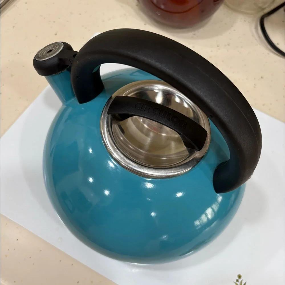 Teal Whistling Stovetop Kettle with Black Handle and Spout Cap